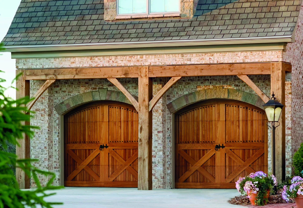 Amarr by Design AD4000 real wood carriage doors under a timber frame