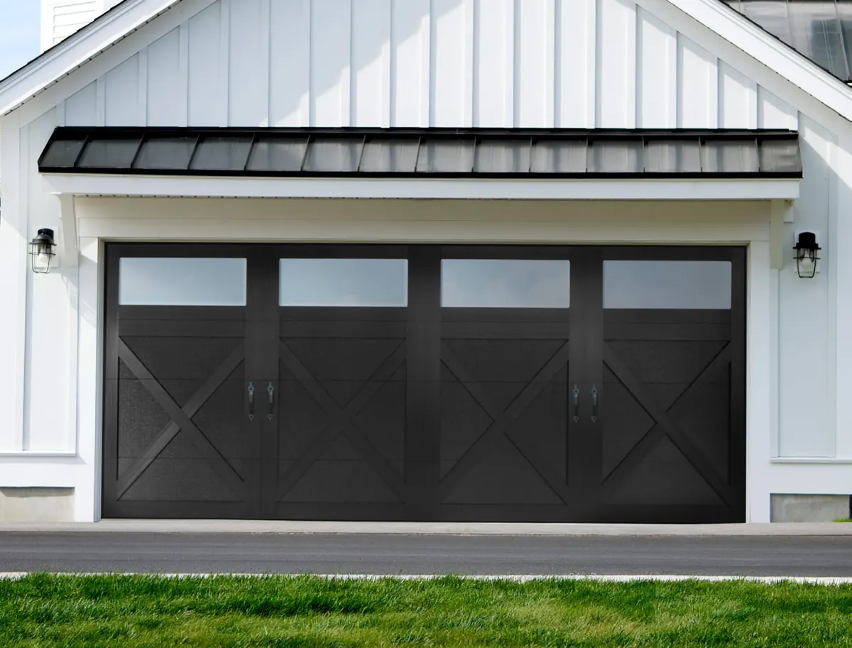 Black Amarr Carriage Court door with windows on a white board and batten garage