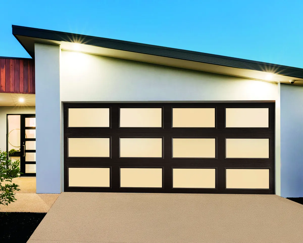 Amarr Classica Modern full view door with a black frame on a white contemporary home