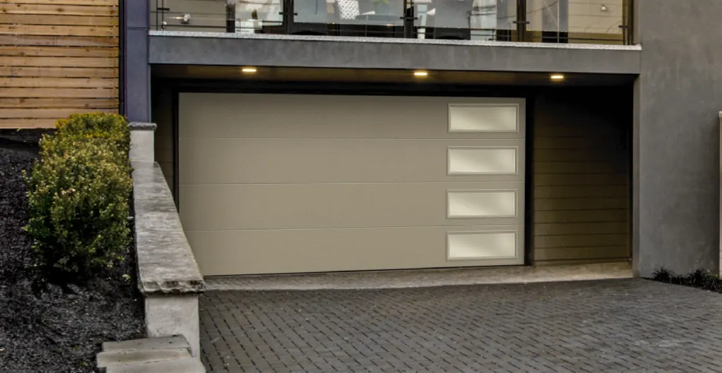 Black Amarr Heritage door with a window row on a stone garage
