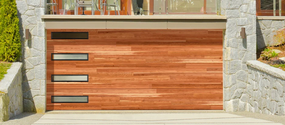 Amarr Northwoods horizontal plank door with a row of modern slot windows