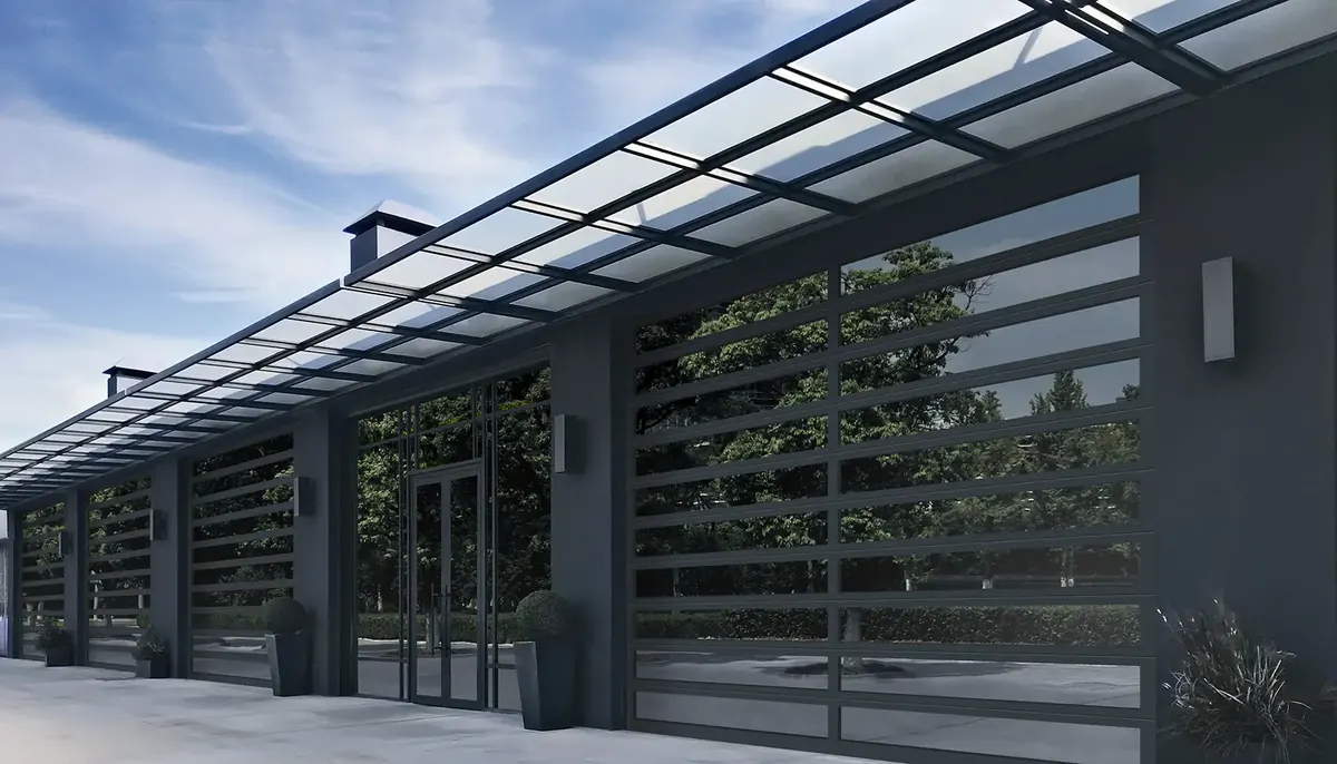 Row of Clopay 905 and 906 architectural aluminum glass doors on a commercial building