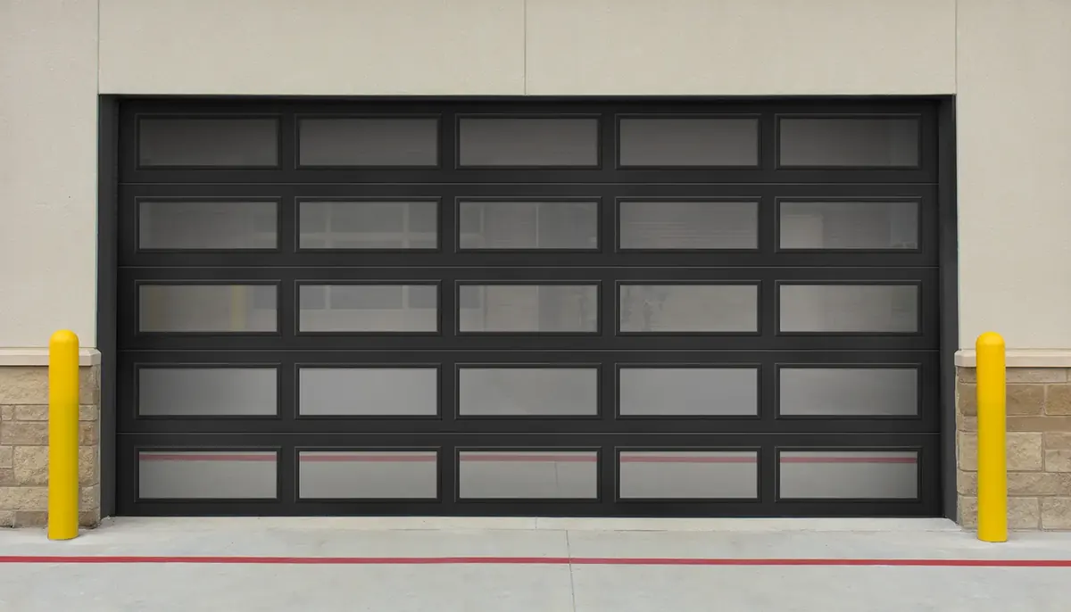 Clopay 3728 architectural steel full view door on a commercial bay with bollards