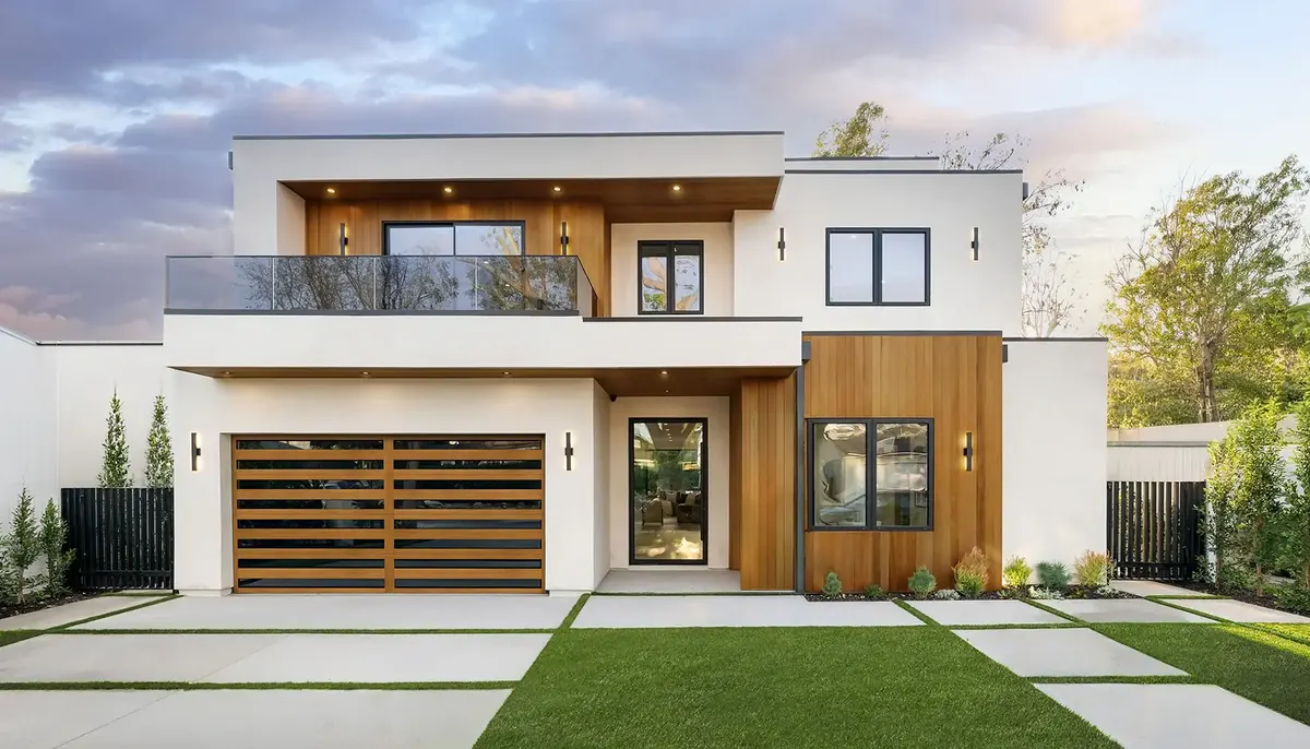 Clopay Canyon Ridge Modern horizontal plank door on a contemporary white home