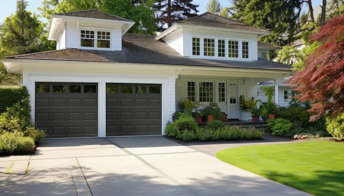 Clopay Classic Steel raised panel doors on a white farmhouse style home