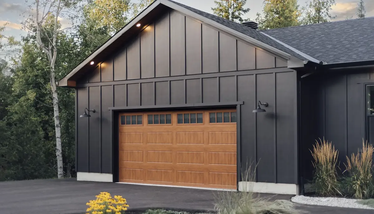 Clopay Gallery Steel carriage style door in a wood tone on a black board and batten home