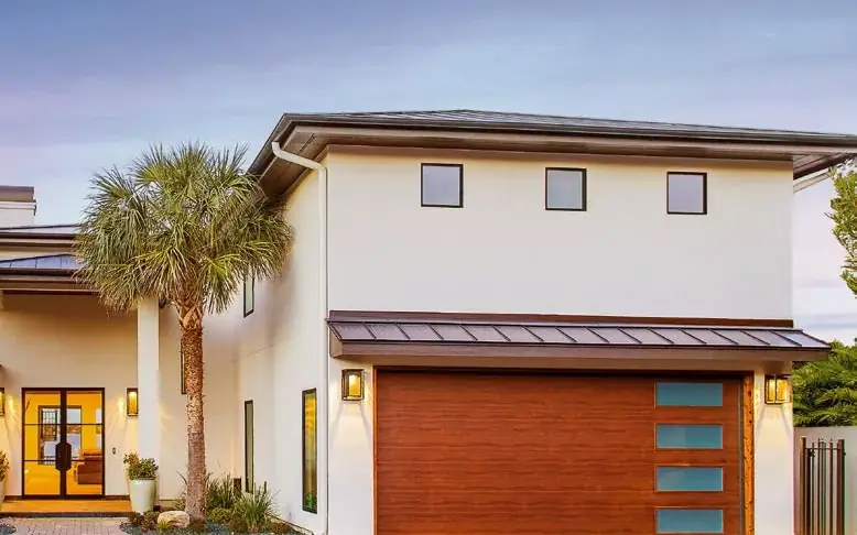 Clopay Modern Steel flush panel in Ultra-Grain Cypress with long plain windows