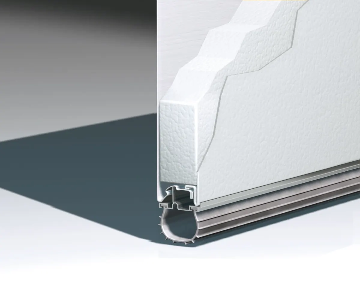 Amarr 2432 full view commercial door, cutaway of the 2432 section: steel skin, polystyrene core, steel skin and bottom seal