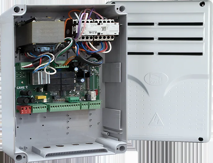 The control board inside a gate operator enclosure