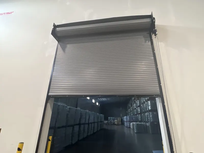 Dark coiling steel door raised partway in a warehouse loading opening, with its hood above and pallet racking inside