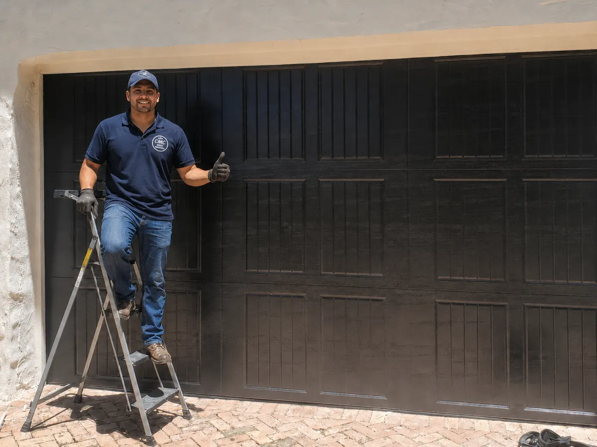 A CMC technician on a stepladder beside a newly hung dark brown raised panel garage door