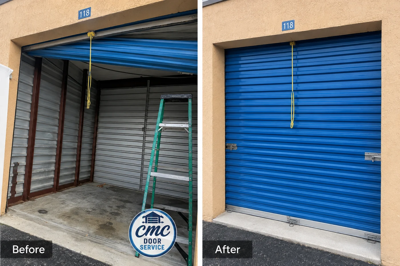 Before and after a CMC Door Service roll-up door replacement on a self-storage unit: a damaged blue curtain hanging open, then a new blue roll-up door closed and latched