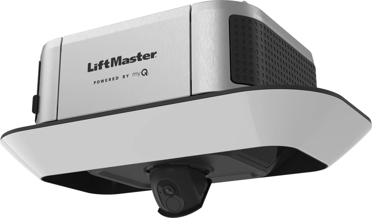 LiftMaster 6690L belt drive opener seen from below, showing the camera and wide LED panel