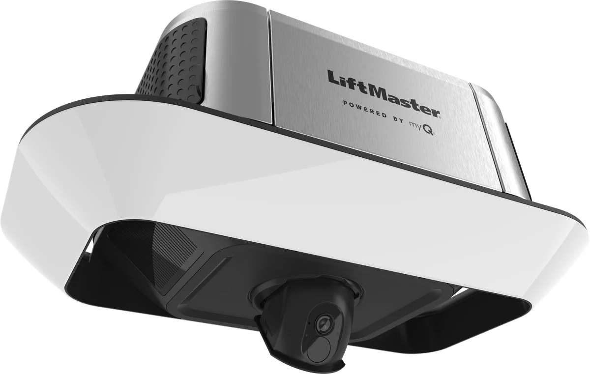 LiftMaster 6690L belt drive opener seen from the front left, showing the LED panel and camera