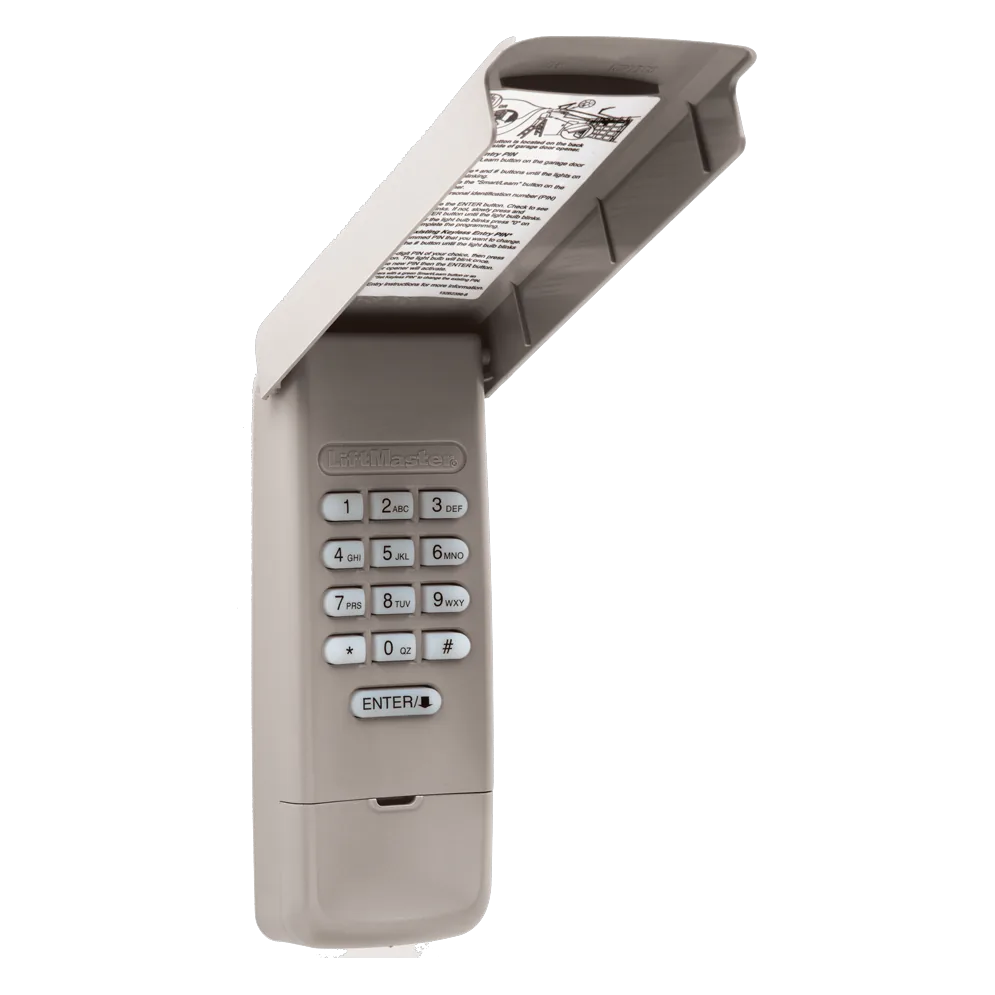 LiftMaster 878MAX wireless keypad with the cover flipped open
