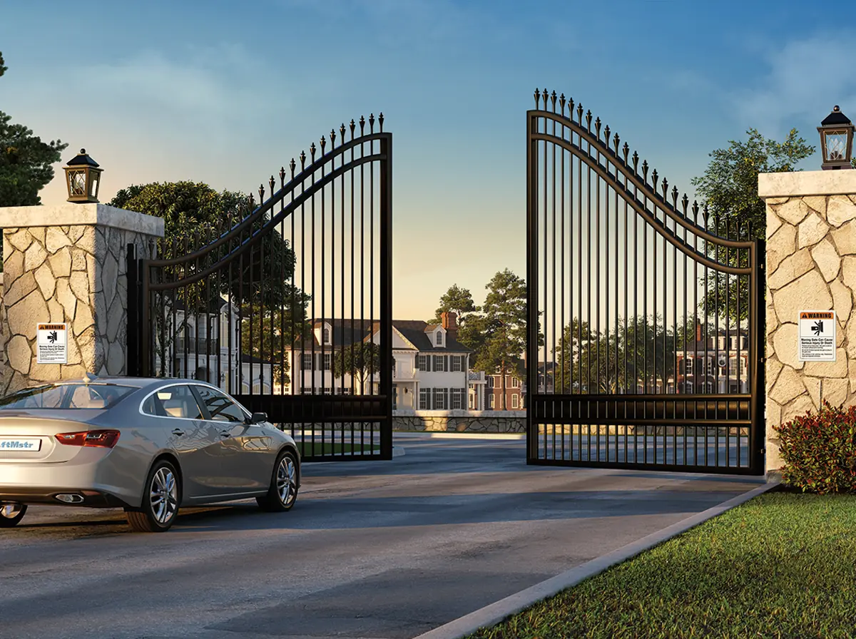An iron double swing gate between stone pillars opening for a car, LiftMaster render