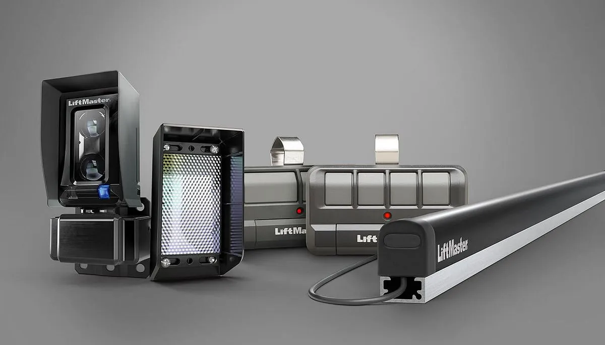 LiftMaster gate accessories: photo eye and reflector, two multi button remotes and a wireless edge sensor