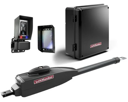 LiftMaster linear swing gate operator with its control box and access controls