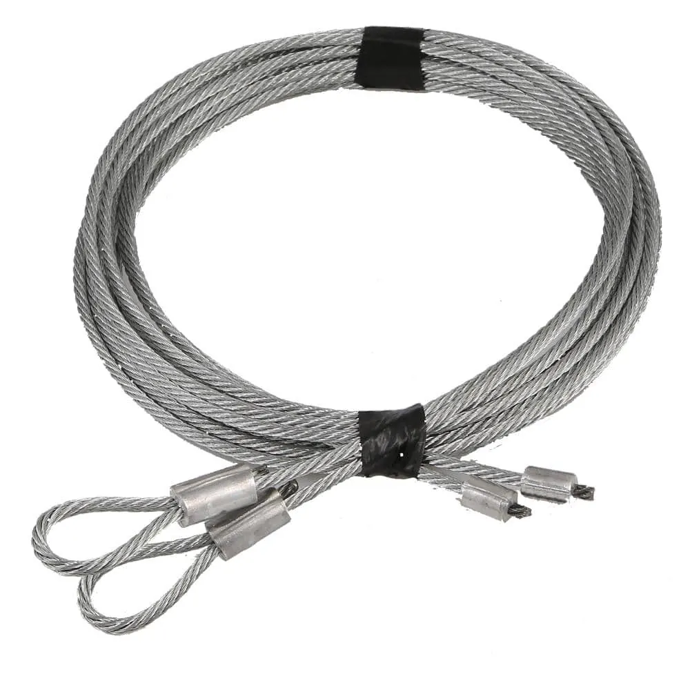 A pair of new galvanized garage door lift cables coiled together, with the looped end that hooks on the bottom bracket