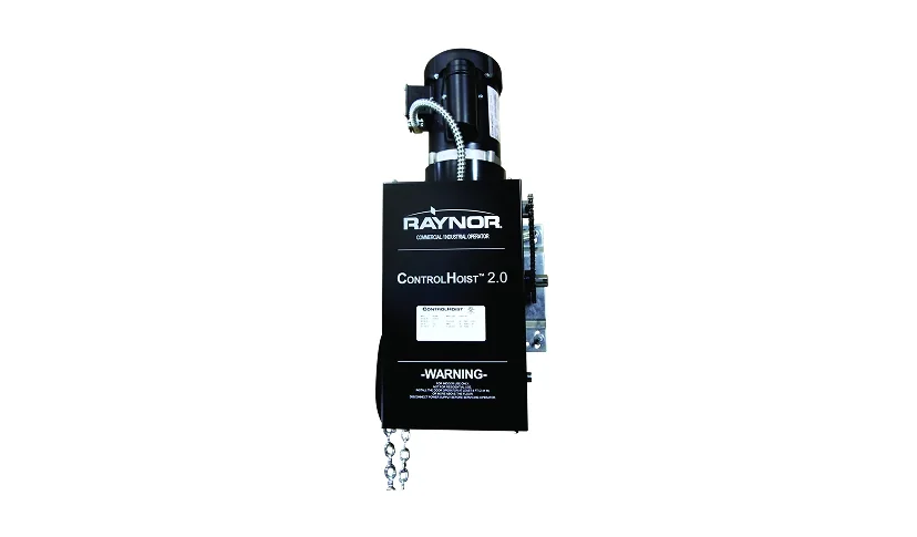 A Raynor ControlHoist commercial door operator, the jackshaft unit fitted beside a rolling steel door