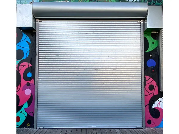 A galvanised rolling door closed between painted mural walls