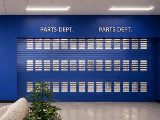 A vision slot rolling shutter closed over a dealership parts counter