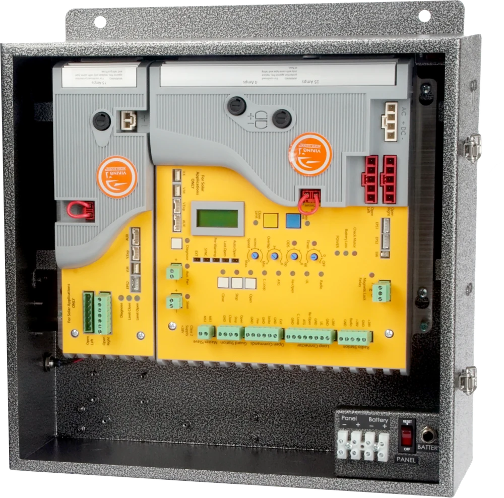 A Viking gate operator control board inside its weatherproof enclosure