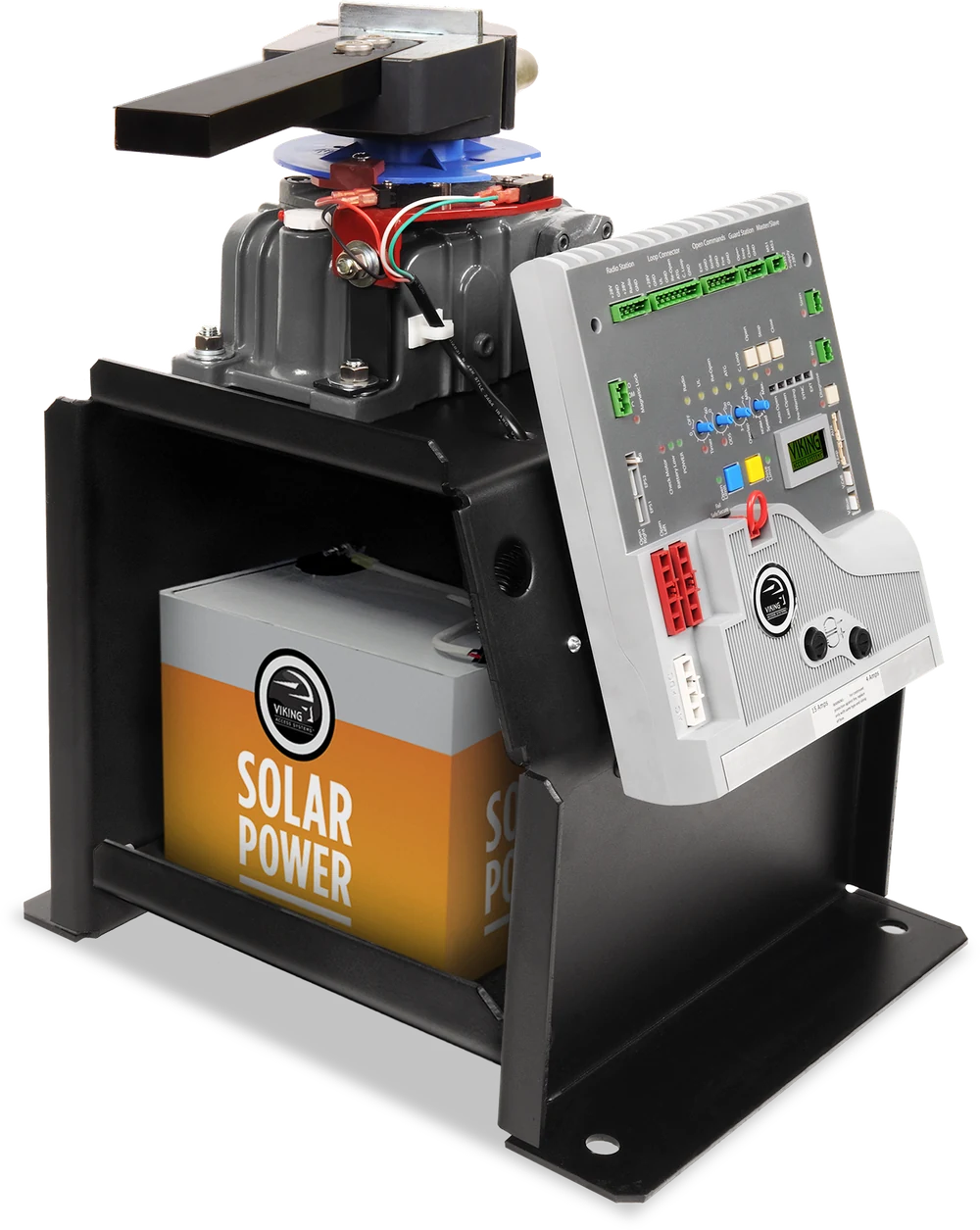 Viking R6 solar powered gate operator with its battery and charge controller