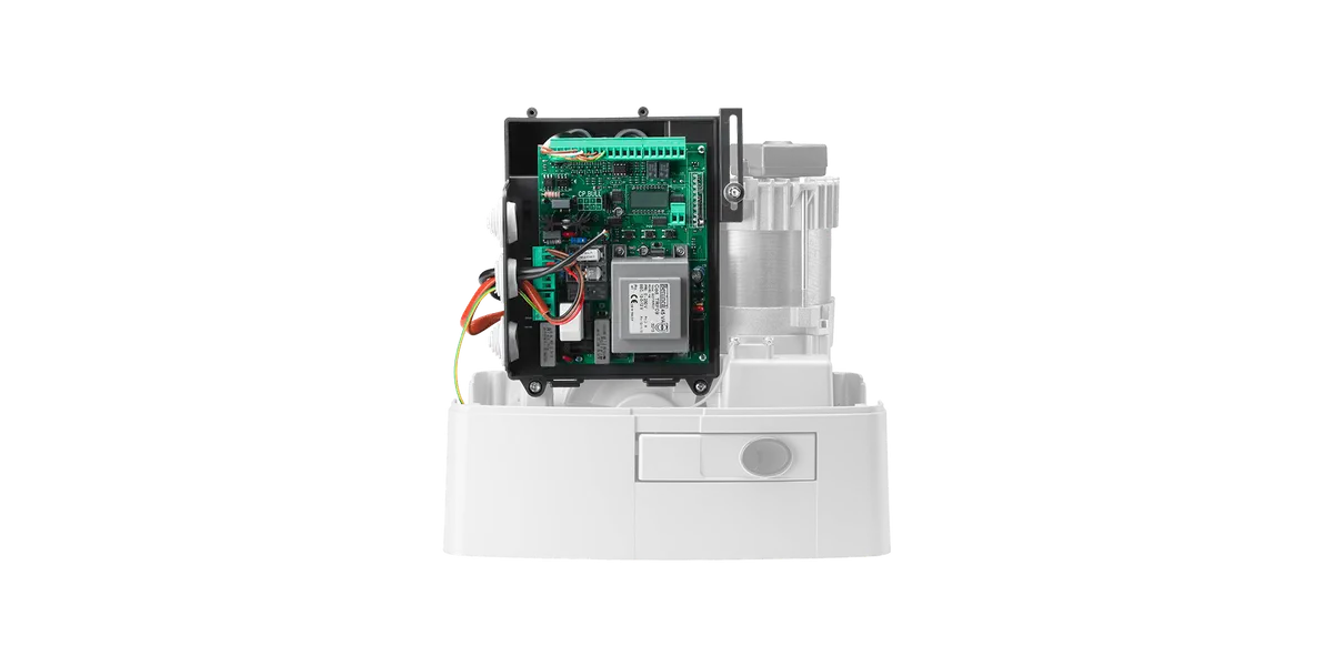 Beninca BULL10M sliding gate operator with the cover removed, showing the built in control board