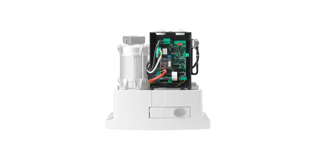 Beninca BULL8 OM sliding gate operator with the cover removed, showing the control board and motor
