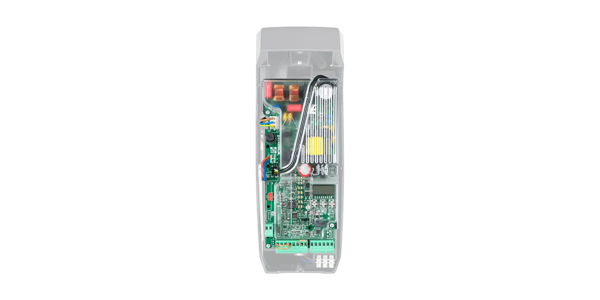 Beninca JACK24 operator with the cover removed, showing the CP.JACK control board