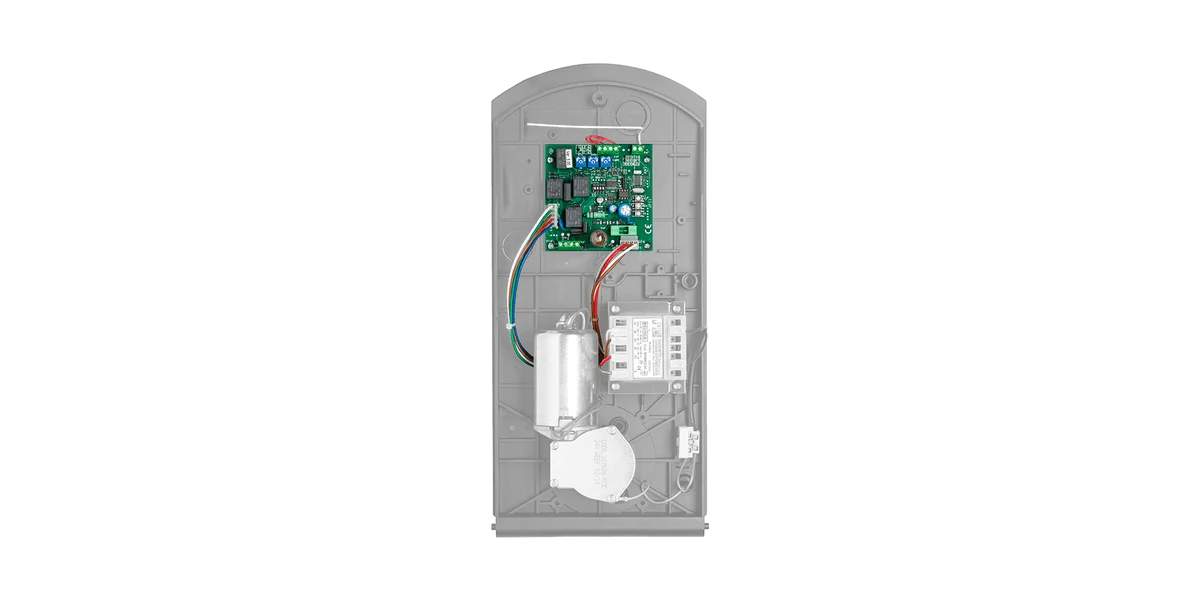 Beninca JM.3 operator housing opened, showing the control board and wiring