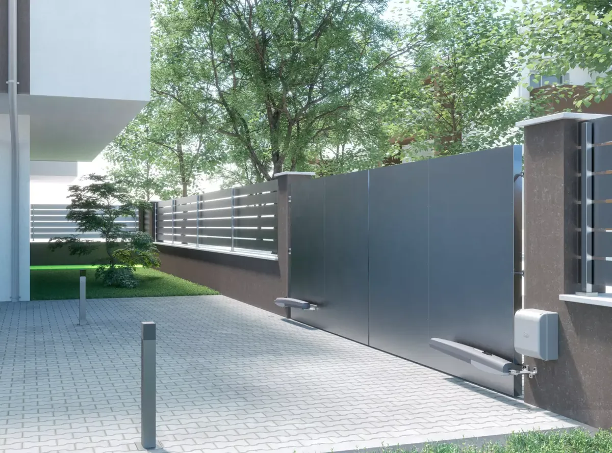 CAME AXI linear rams on a modern horizontal slat swing gate