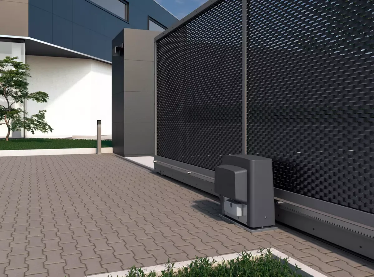 A CAME BK operator on a heavy slide gate at a commercial entrance