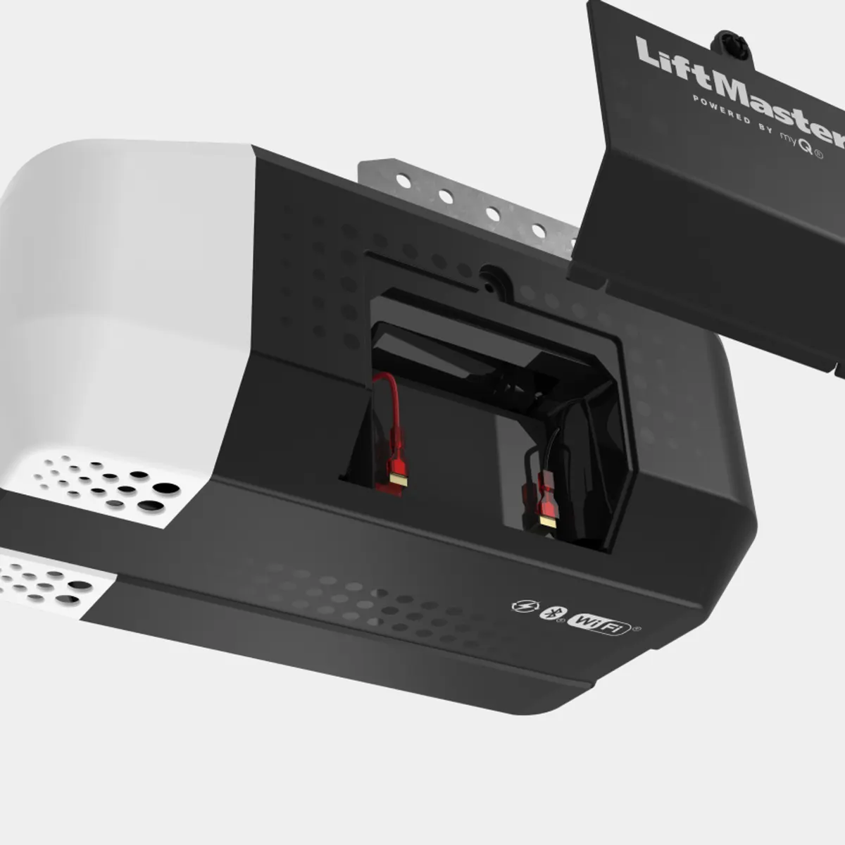 LiftMaster 2420L side view with the battery backup compartment open