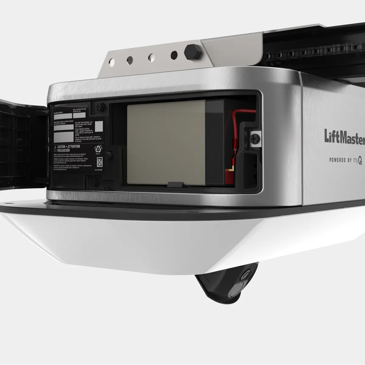 LiftMaster 4690L side view with the battery backup compartment open