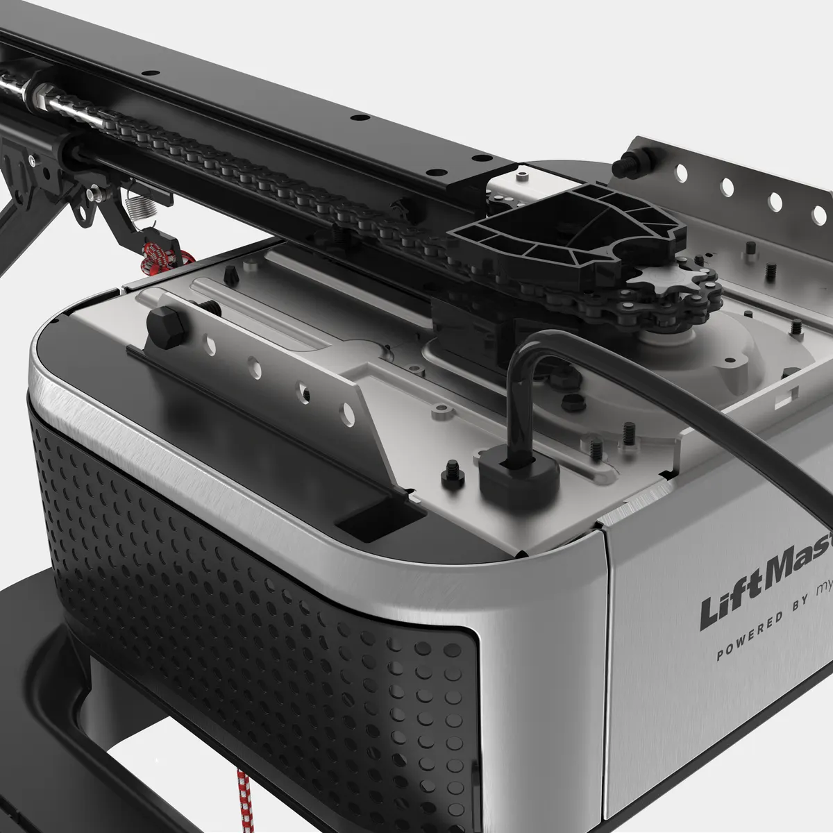 LiftMaster 4690L close up of the chain drive rail meeting the motor head