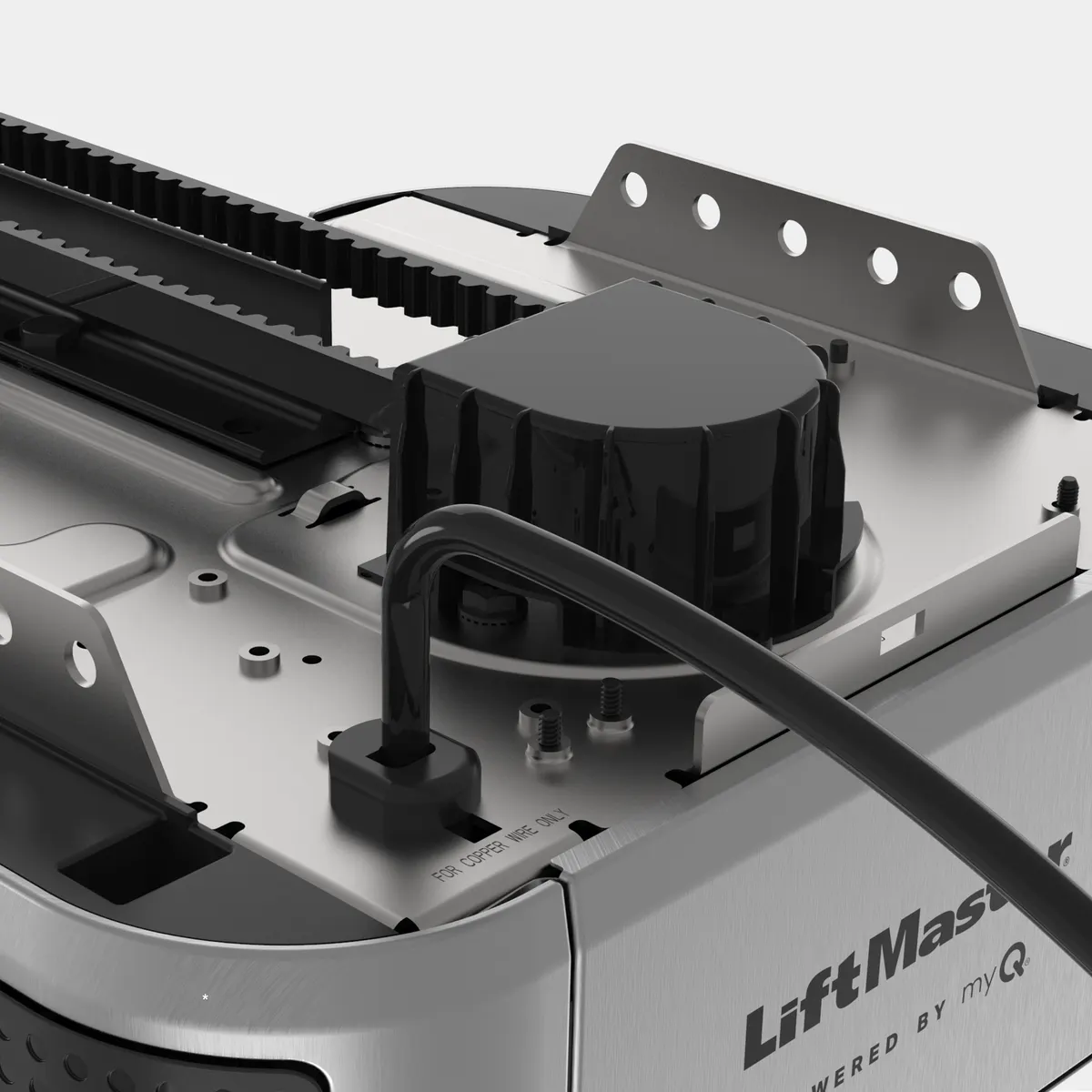 LiftMaster 6580L close up of the belt drive rail meeting the motor head