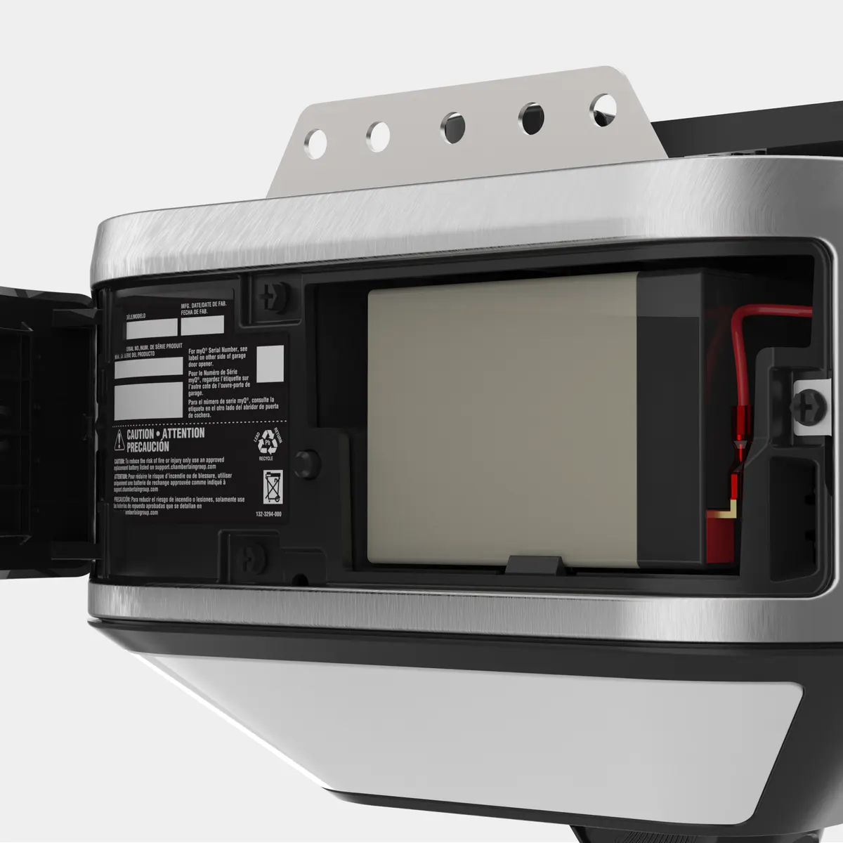 LiftMaster 6580L side panel open, showing the battery backup compartment