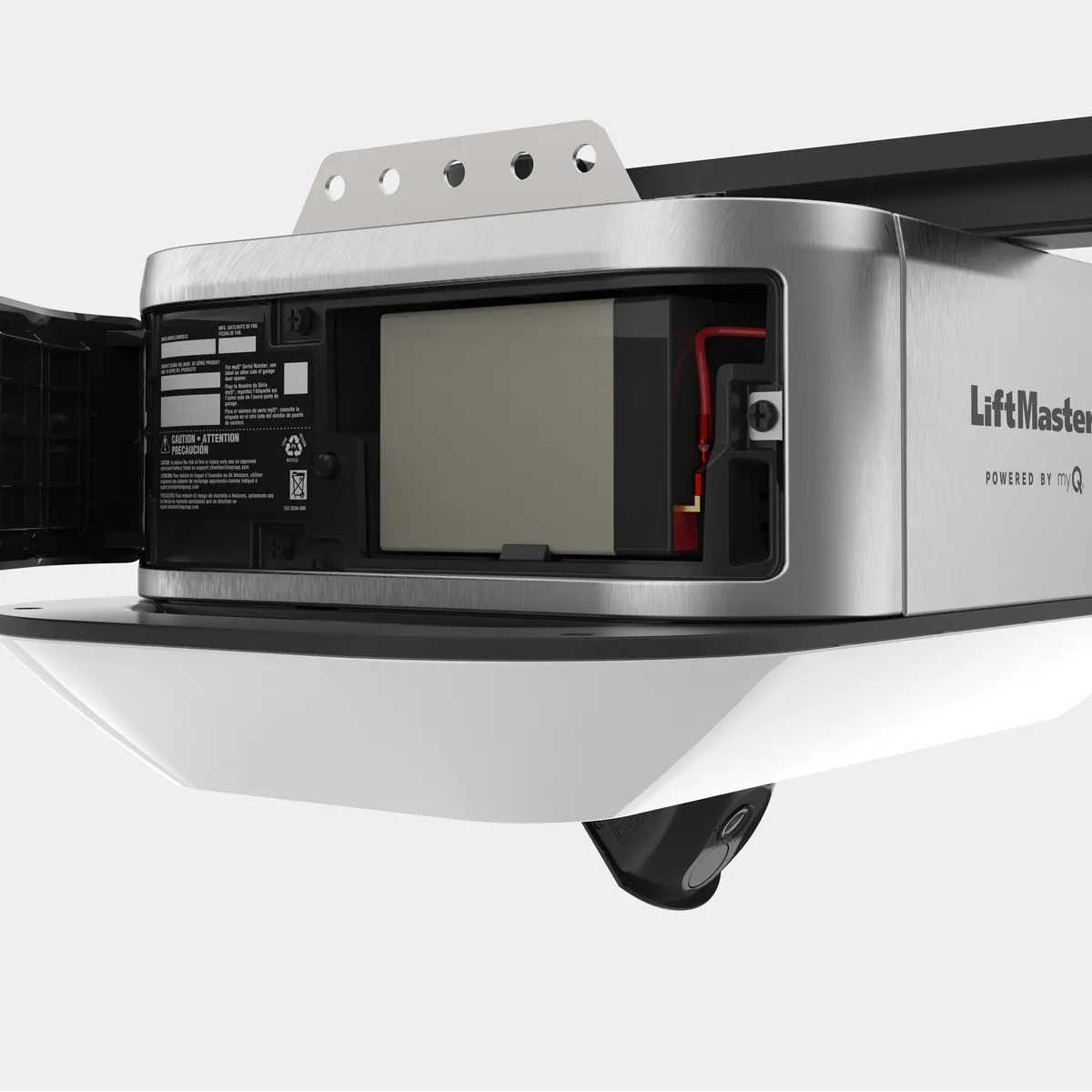 LiftMaster 6690L side view with the battery backup compartment open