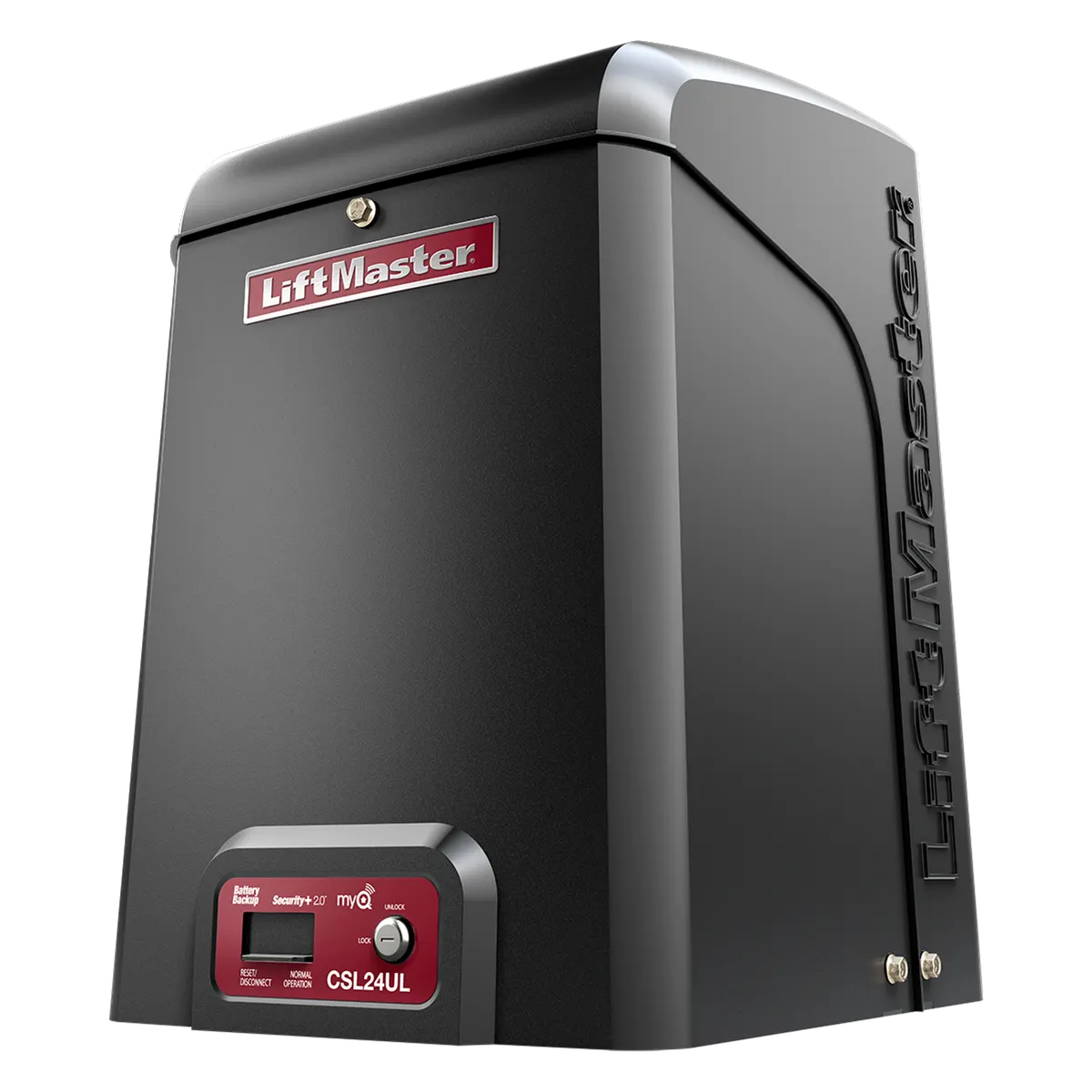 LiftMaster CSL24UL commercial slide gate operator, left three quarter view of the black cabinet