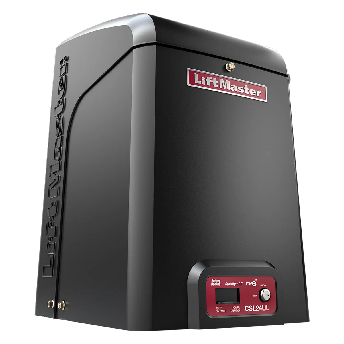 LiftMaster CSL24UL commercial slide gate operator, right three quarter view of the black cabinet