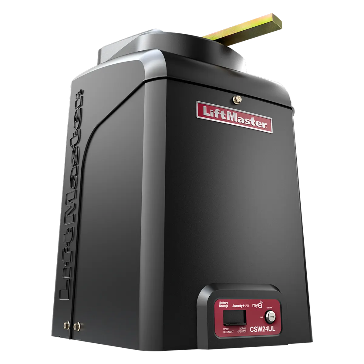 LiftMaster CSW24UL swing gate operator, right three quarter view with the gate arm on top