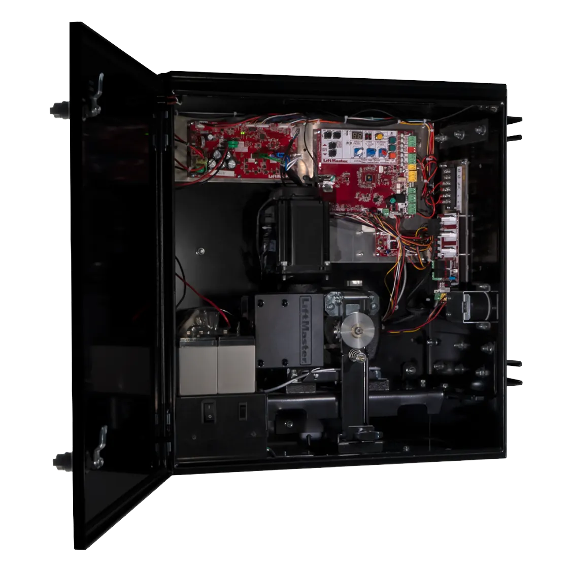 LiftMaster IHSL24UL with the cabinet open, showing the control boards, motor, gearbox and backup batteries