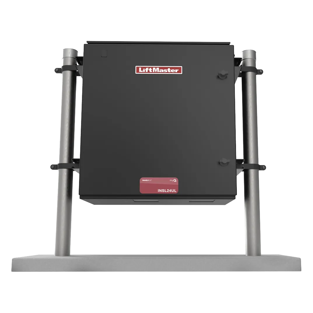 LiftMaster INSL24UL industrial slide gate operator mounted on its stand