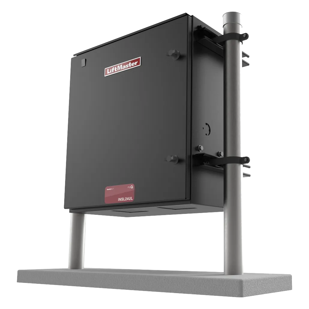 LiftMaster INSL24UL mounted on its stand, side view