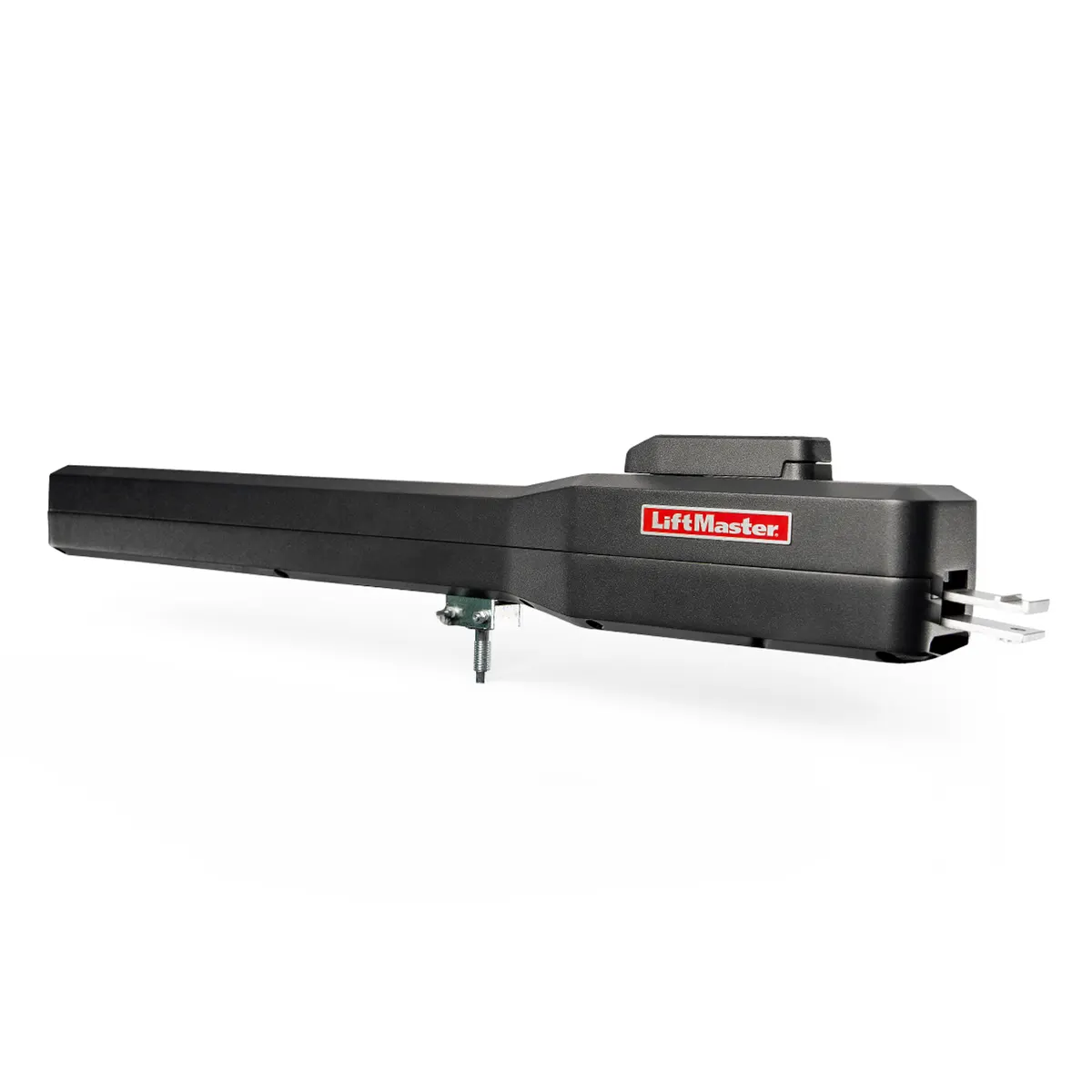LiftMaster LA500UL linear actuator gate operator, left side view of the black arm with LiftMaster badge