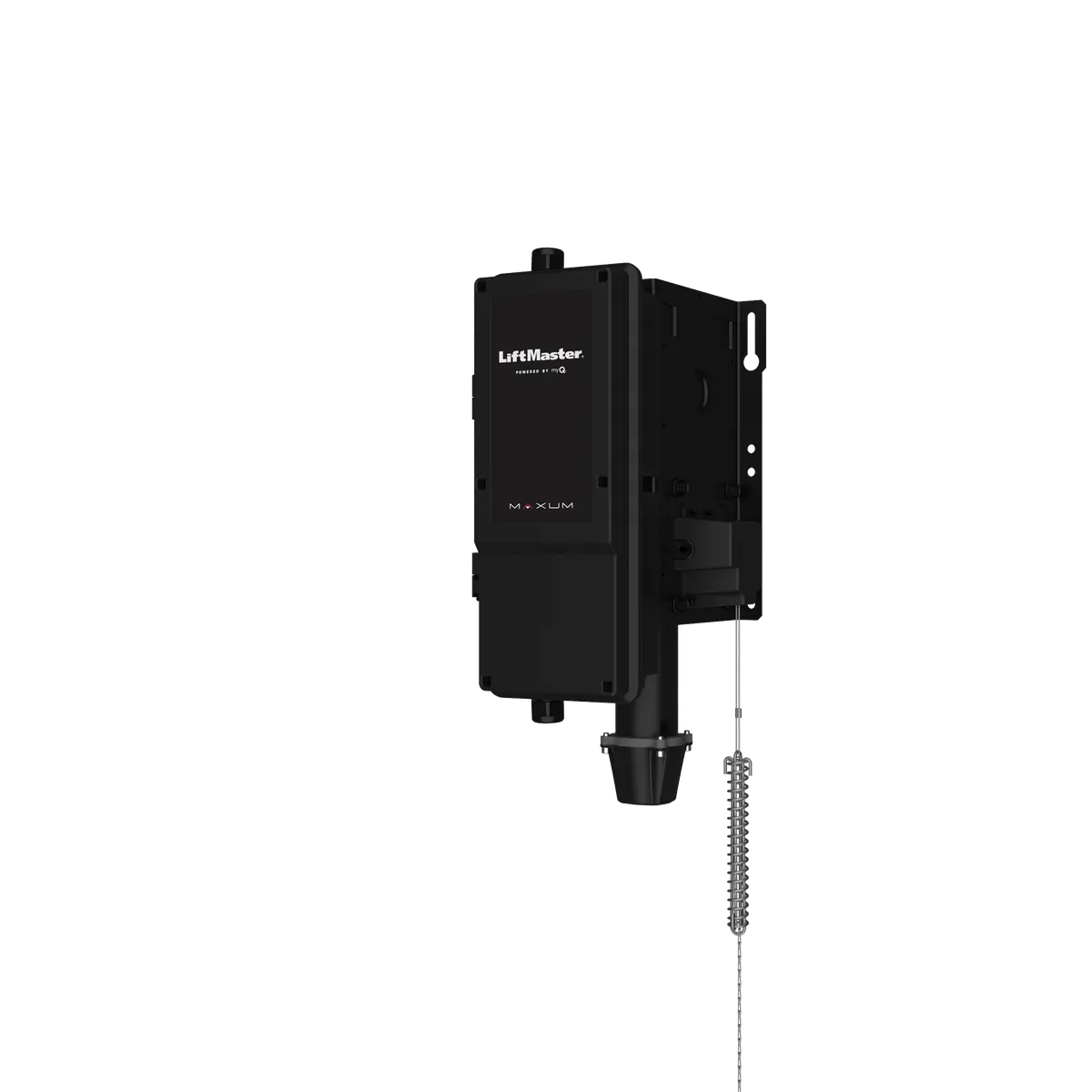 LiftMaster Maxum RJDC jackshaft operator, angled view from the left with manual release