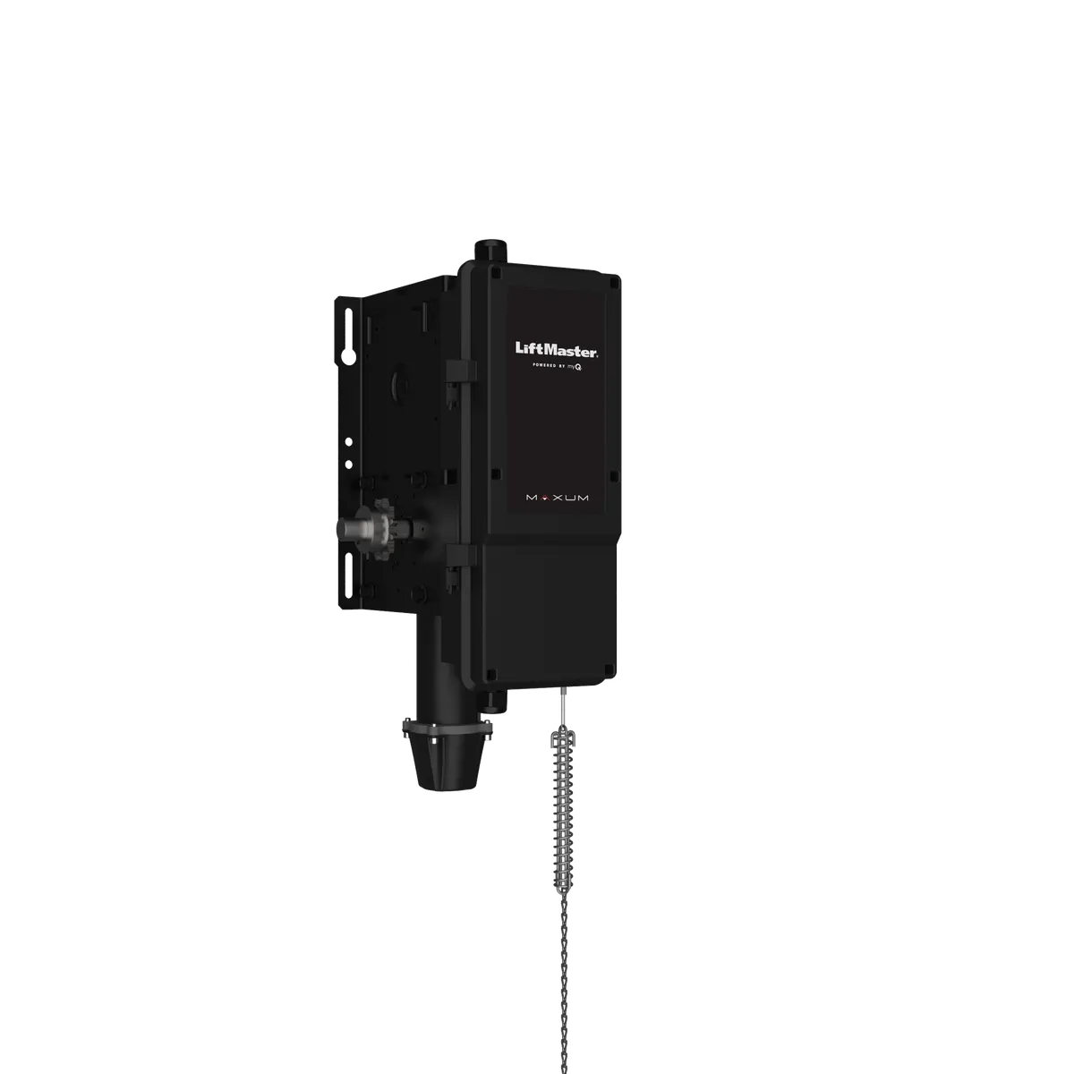 LiftMaster Maxum RJDC jackshaft operator, angled view from the right with manual release