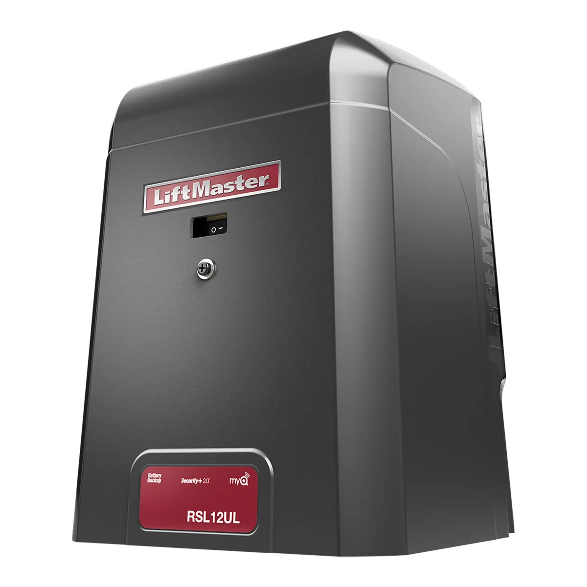LiftMaster RSL12UL slide gate operator, left three quarter view of the black cabinet with red RSL12UL label
